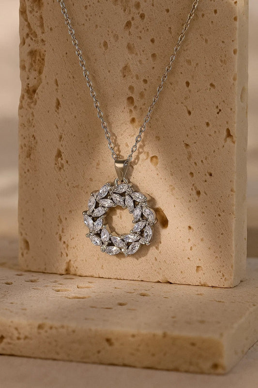Silver Circular Floral Pendant Necklace