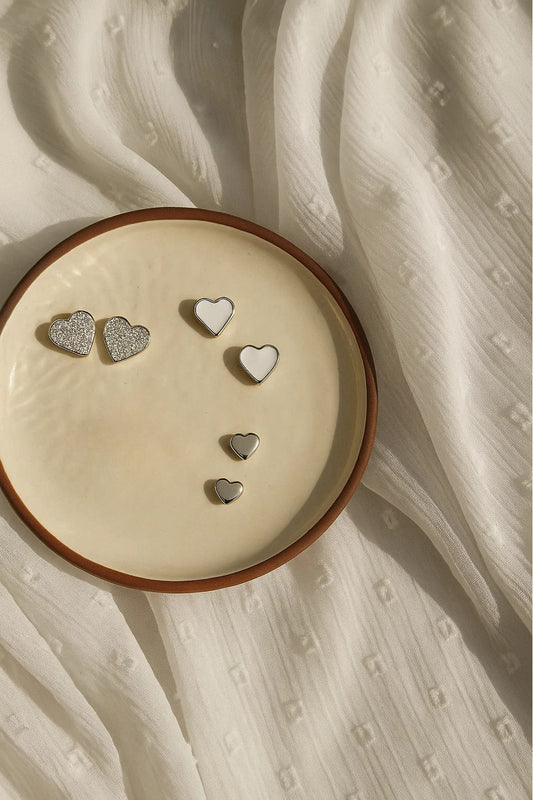 3-in-1 Heart Stud Earrings Set – Glitter, White Enamel & Silver Finish - ASTARRA